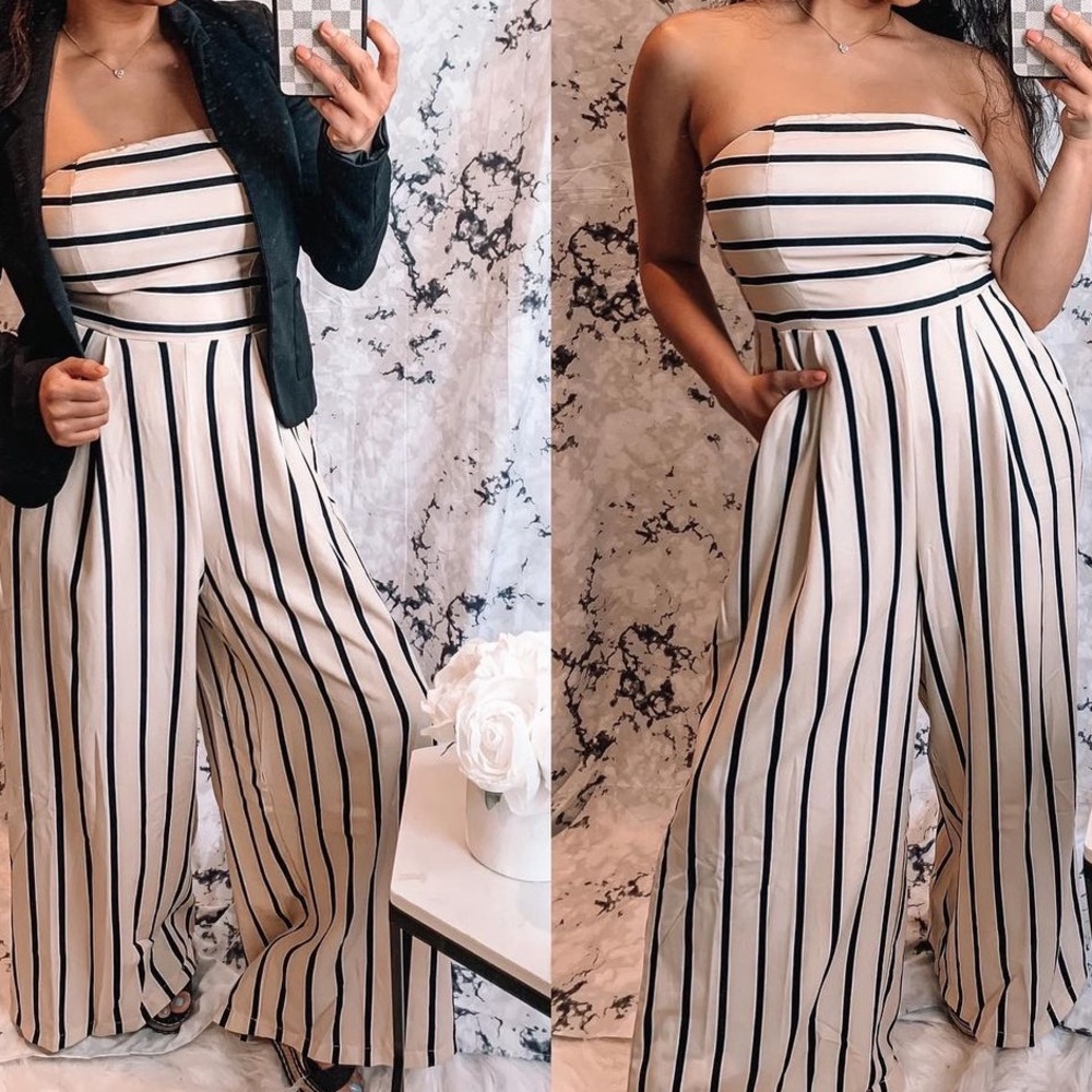 Striped Black and White Strapless Jumpsuit - Picture 3 of 9
